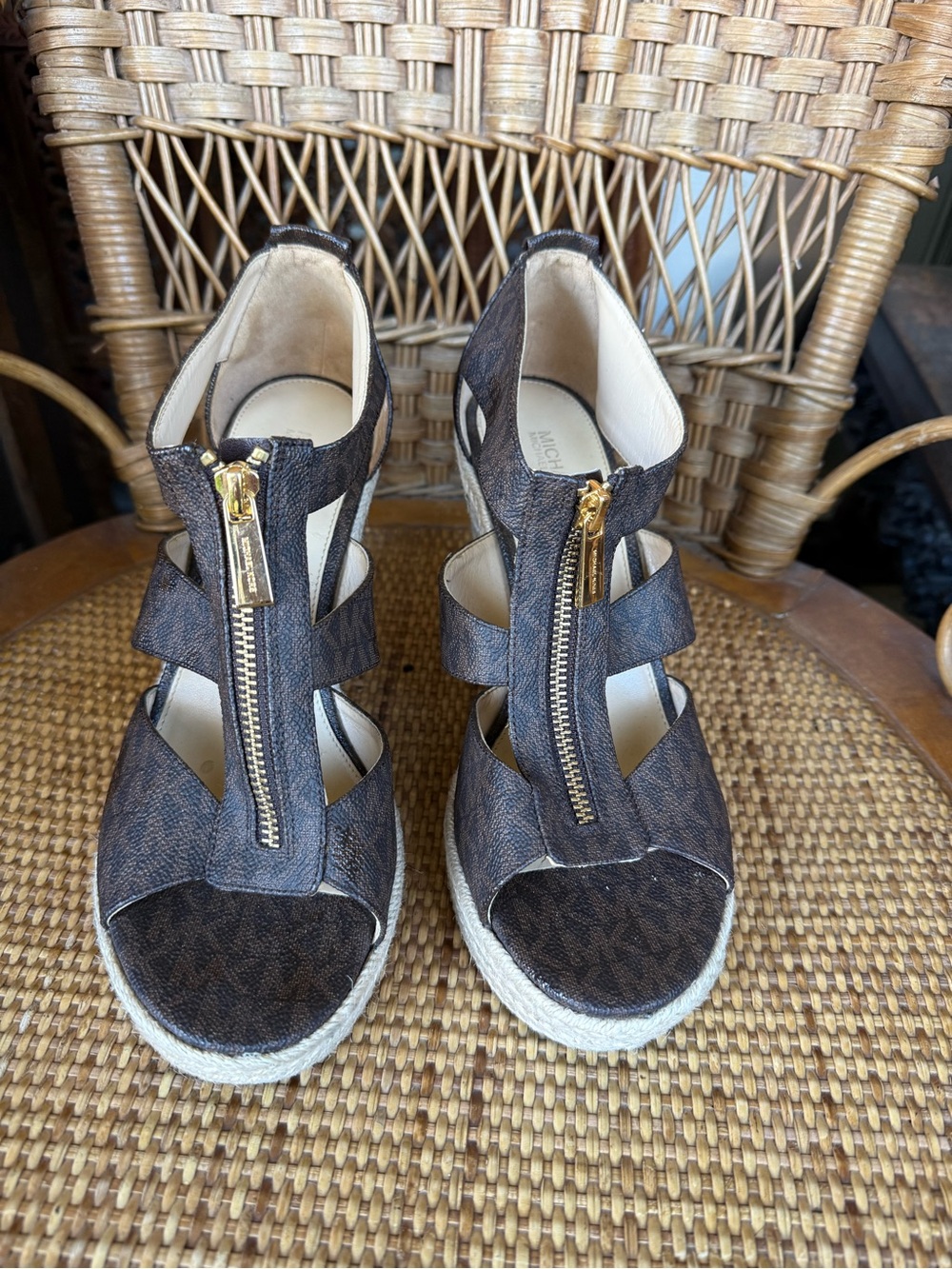 Michael Kors Dark Brown Signature Canvas Espadrille Wedge Sandals with Gold Zip